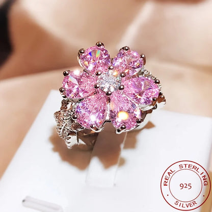 925 Silver Rings For Women Temperament Dazzling Pink Flower zirconia Inlay Luxury Wedding Banquet Jewelry