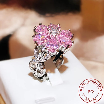 925 Silver Rings For Women Temperament Dazzling Pink Flower zirconia Inlay Luxury Wedding Banquet Jewelry