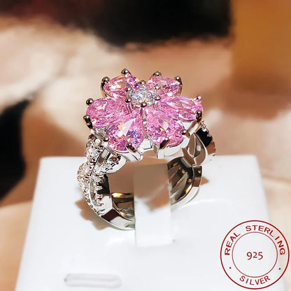 925 Silver Rings For Women Temperament Dazzling Pink Flower zirconia Inlay Luxury Wedding Banquet Jewelry