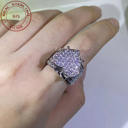 2025 New Women Luxury Shiny Cubic Zirconia 925 Sterling Silver Love Heart Retro Exaggerated Wedding Rings Bridal Jewelry