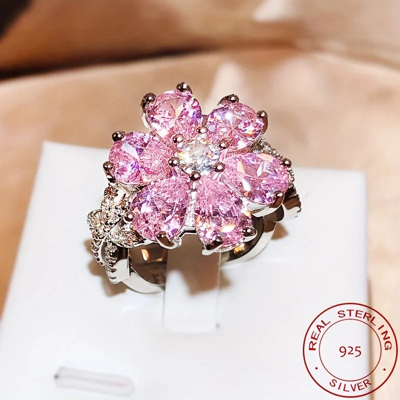925 Silver Rings For Women Temperament Dazzling Pink Flower zirconia Inlay Luxury Wedding Banquet Jewelry