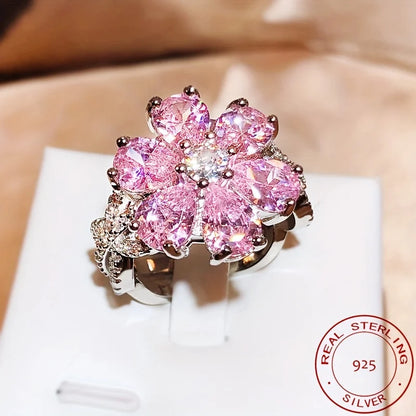 925 Silver Rings For Women Temperament Dazzling Pink Flower zirconia Inlay Luxury Wedding Banquet Jewelry