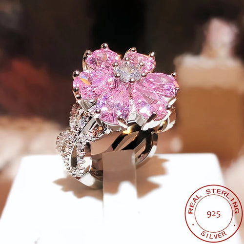 925 Silver Rings For Women Temperament Dazzling Pink Flower zirconia Inlay Luxury Wedding Banquet Jewelry