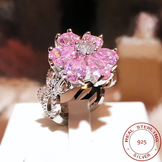 925 Silver Rings For Women Temperament Dazzling Pink Flower zirconia Inlay Luxury Wedding Banquet Jewelry